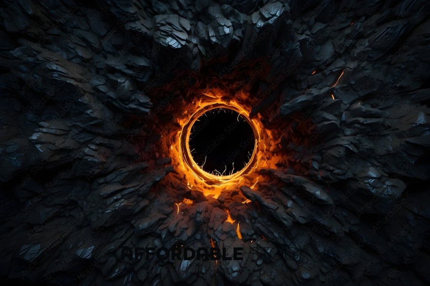 A hole in a rock with fire coming out
