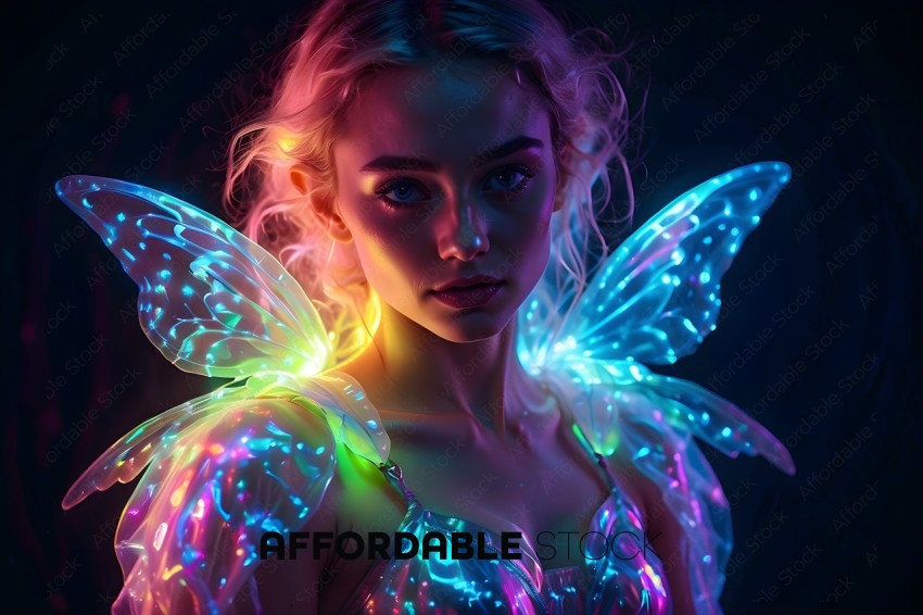 A woman wearing a glowing fairy costume