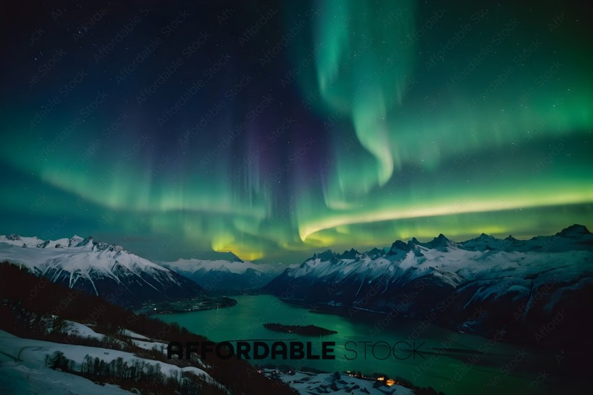A view of the Aurora Borealis over a mountain range and a lake