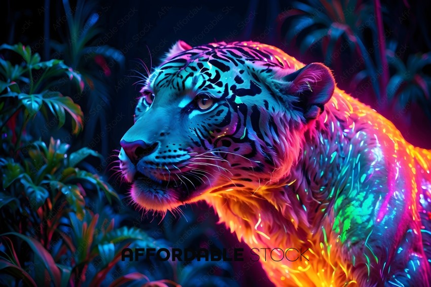 A colorful, glowing tiger with a green mane