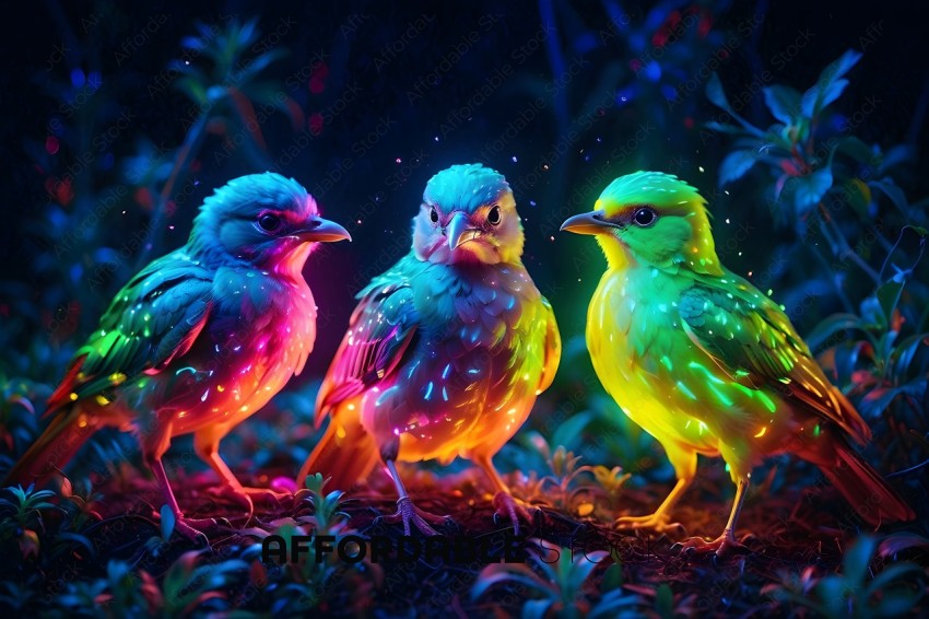 Three birds with neon colors