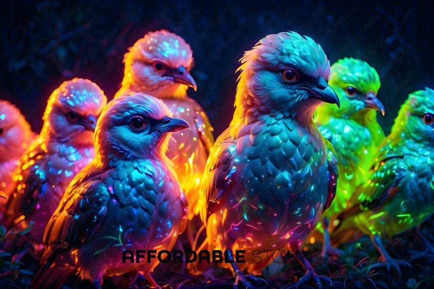 A group of colorful birds with glowing necks