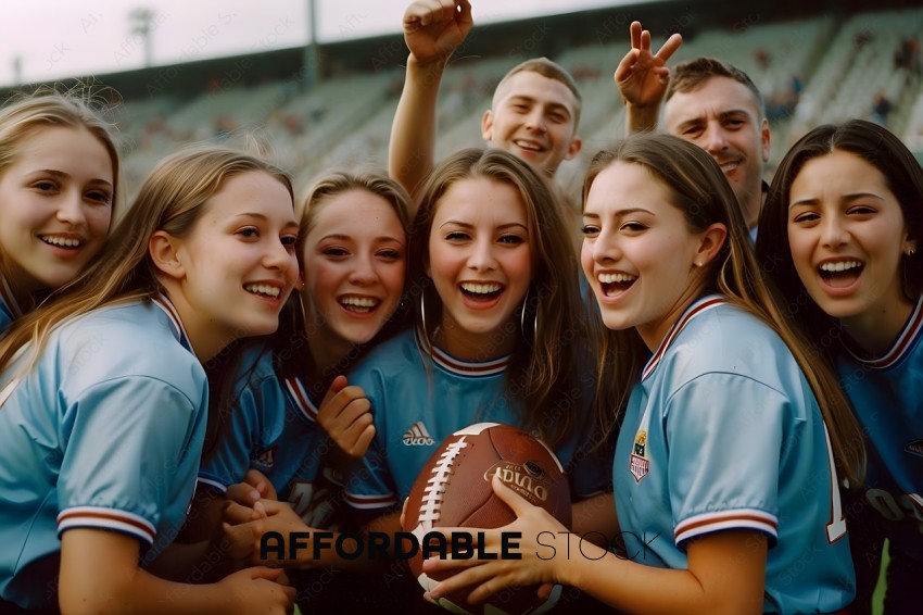 Girls in blue jerseys holding a football
