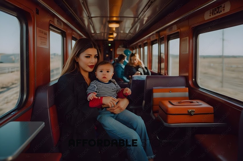 A woman holding a baby on a train