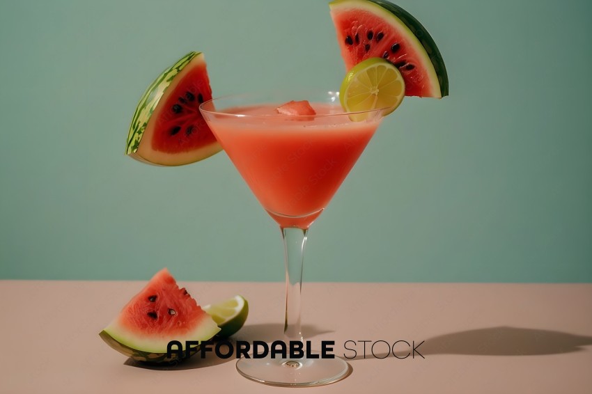 A glass of pink juice with a slice of watermelon on the side