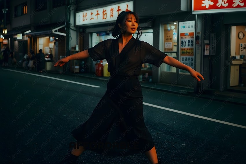A woman in a black dress dancing in the street