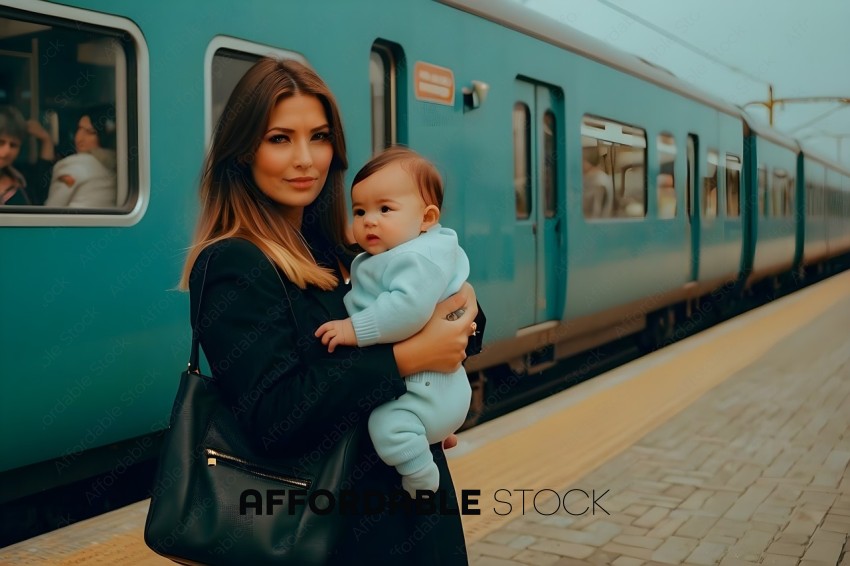 A woman holding a baby in front of a train