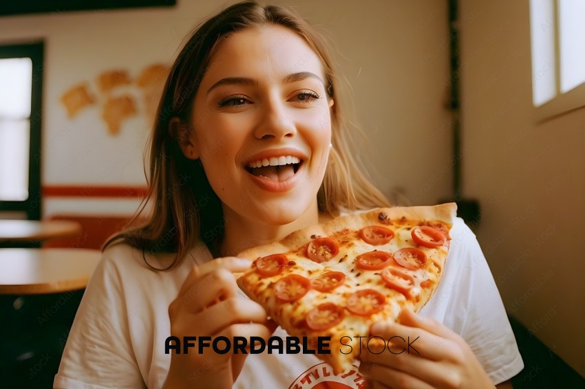 A girl eating a slice of pizza