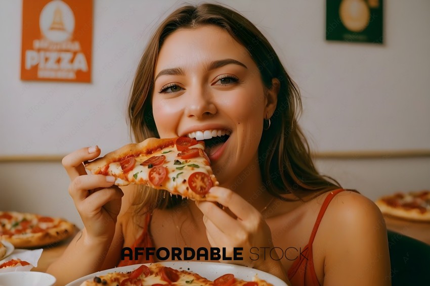 A woman eating a slice of pizza