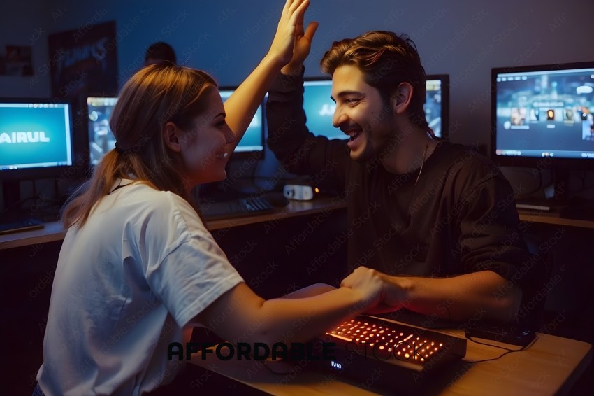 A man and a woman are playing a video game together