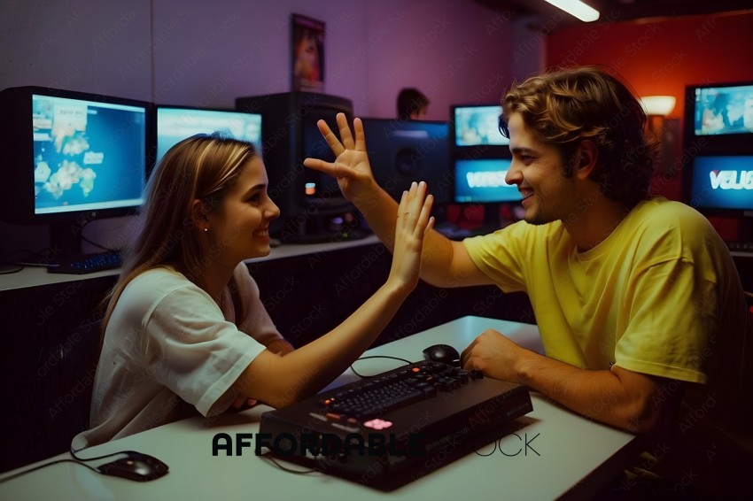 A man and a woman are sitting at a desk with a keyboard and a computer monitor