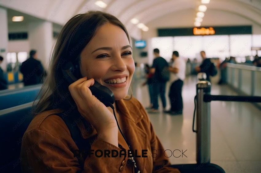 A woman in a brown jacket smiles while talking on the phone