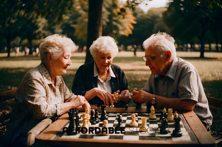 Three elderly people playing chess