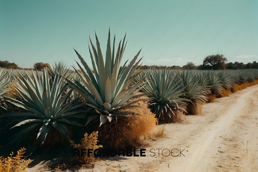 A row of cactus plants with a dirt path in the foreground