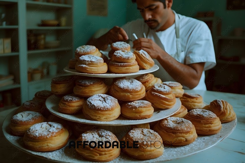 A man is making powdered sugar donuts
