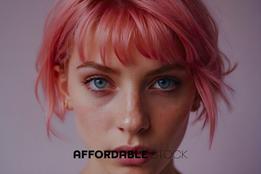 A young woman with pink hair and blue eyes