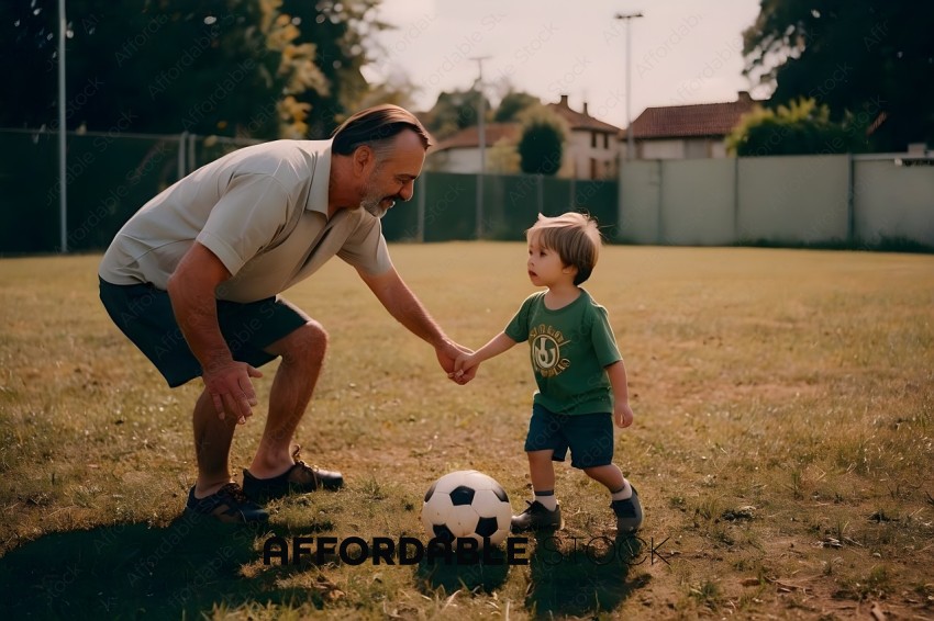 A man and a young boy playing with a soccer ball