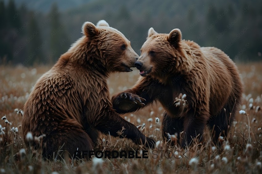 Two brown bears kissing in a field