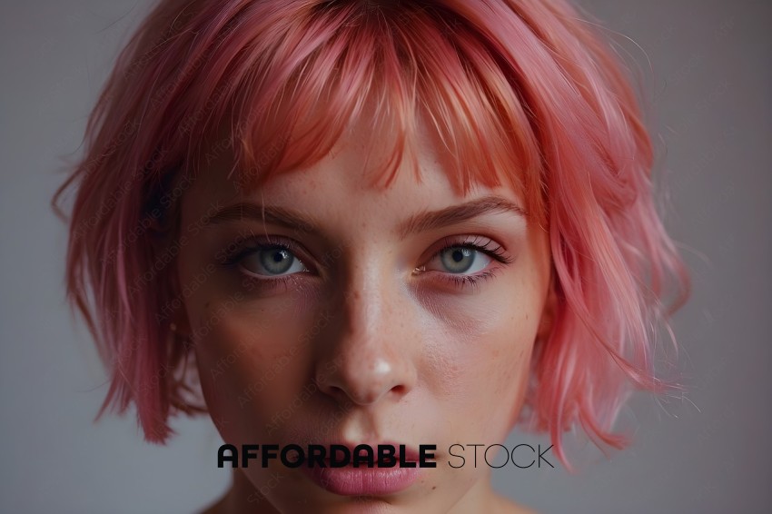 A young woman with pink hair and green eyes