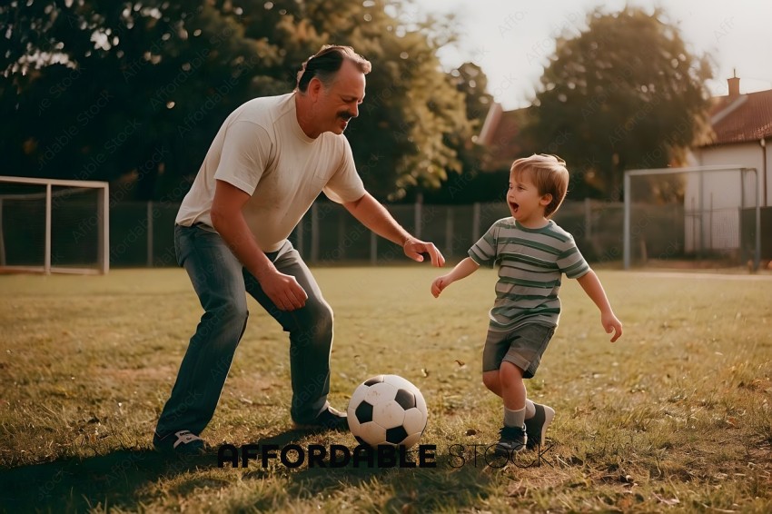 Man and child playing with soccer ball