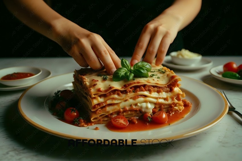 A person is cutting a lasagna with a fork