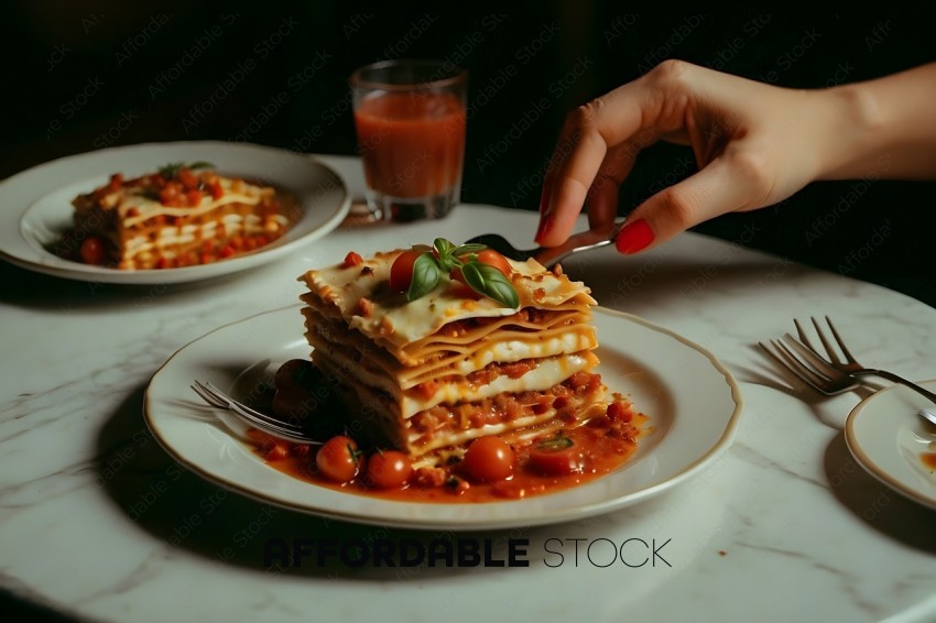 A person is cutting a lasagna into smaller pieces