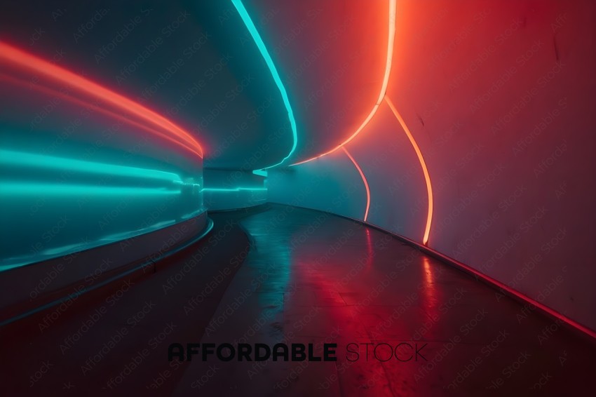A long, curved hallway with a rainbow of lights