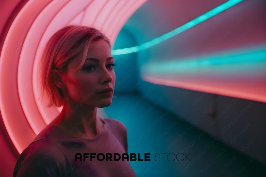 A woman with blonde hair and a pink shirt standing in a neon lit room