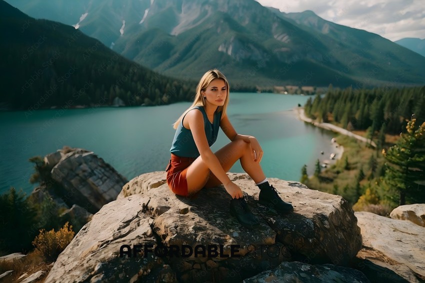 A woman sitting on a rock overlooking a lake