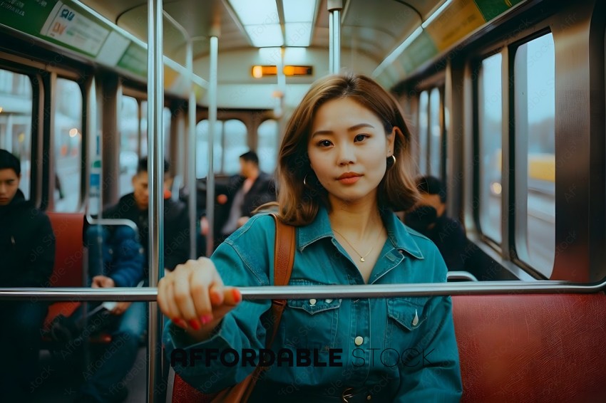 A woman in a blue jean jacket on a subway train