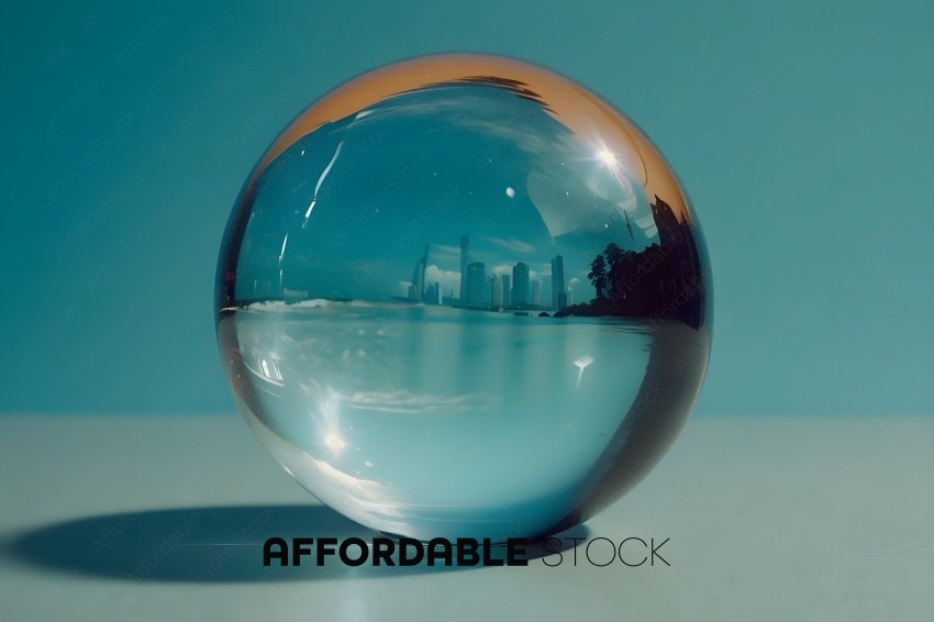 A sphere with a reflection of a city and water