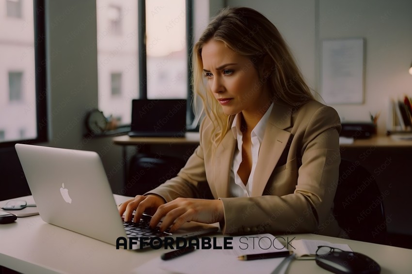 A woman in a suit working on a laptop