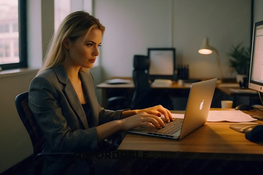 A blonde woman in a suit is typing on a laptop