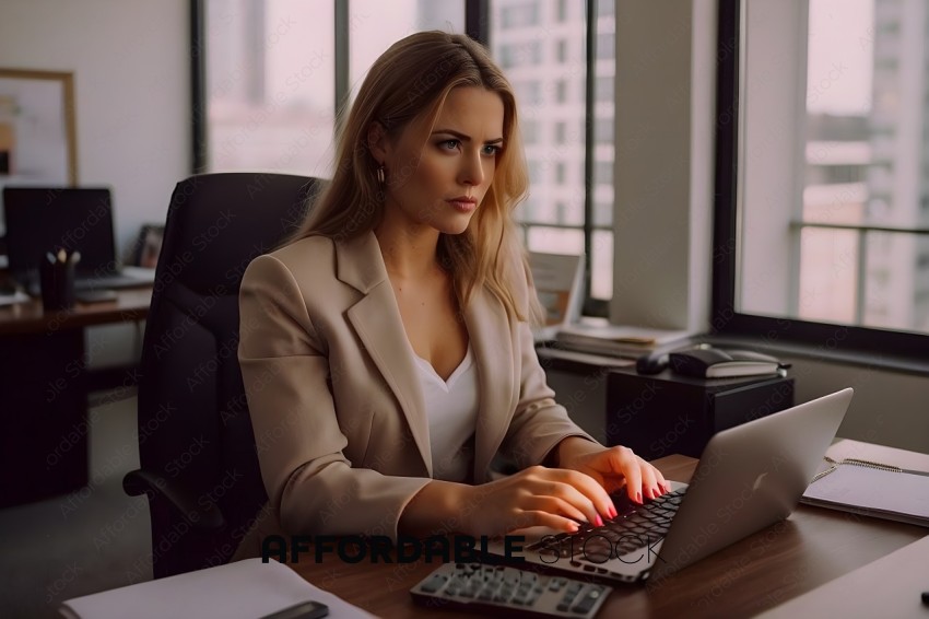 A blonde woman in a suit is typing on a laptop