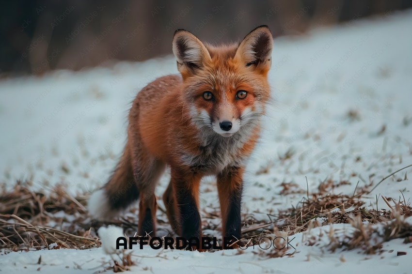 A small red fox standing in the snow