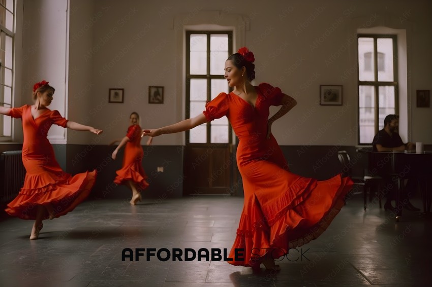 Two women in red dresses dancing