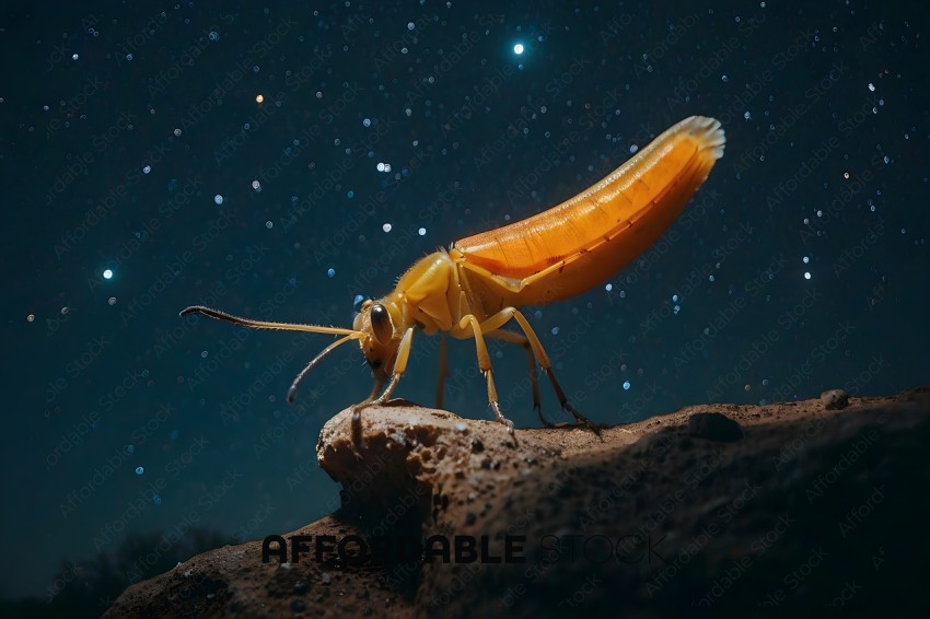 A yellow beetle stands on a rock at night