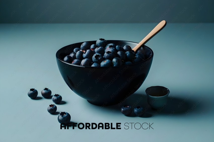 A bowl of blueberries with a spoon in it