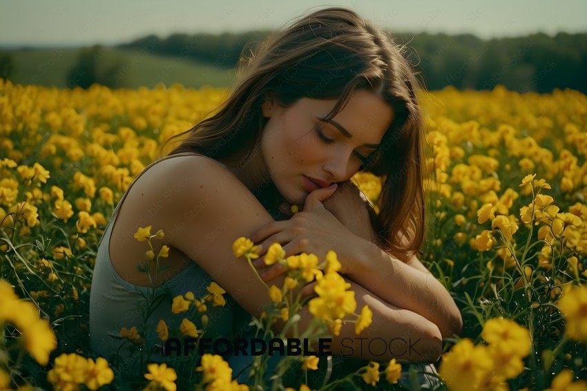 A woman in a field of yellow flowers