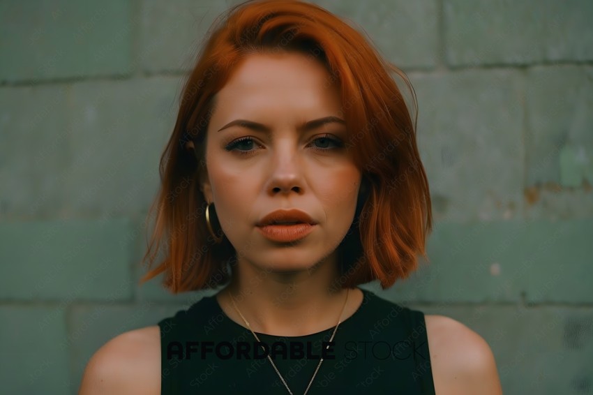 A redheaded woman with a black shirt and a silver necklace