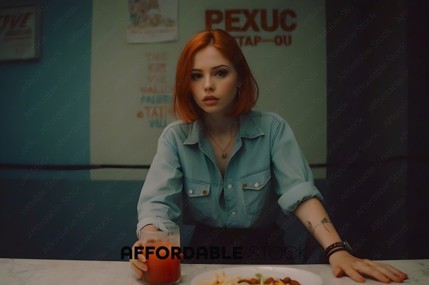 A woman with red hair and a blue shirt sitting at a table
