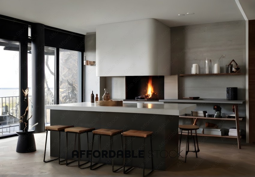 A modern kitchen with a fireplace and stools.