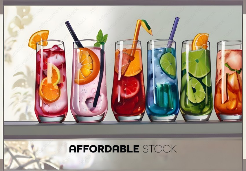 A row of colorful drinks with straws and fruit garnishes