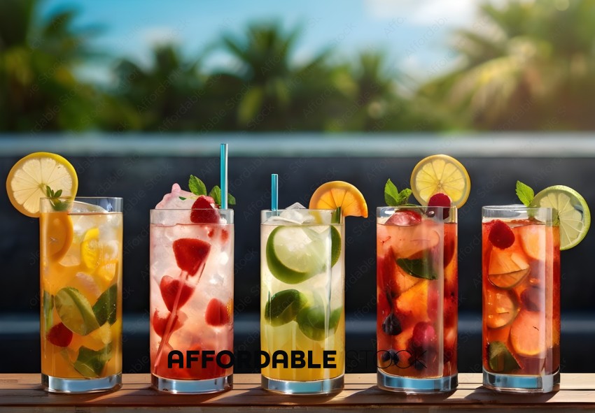 A row of colorful drinks with straws and fruit garnishes