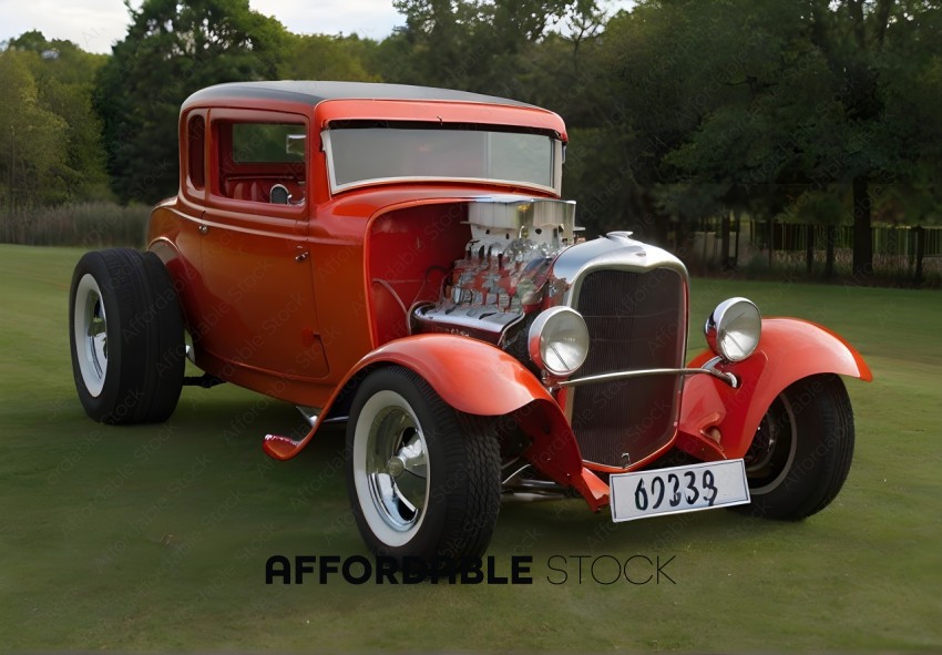 Vintage Red Hot Rod Car with Flathead V8 Engine