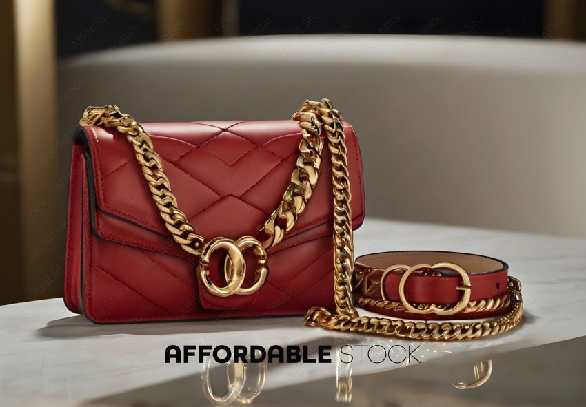A red Gucci purse with a gold chain