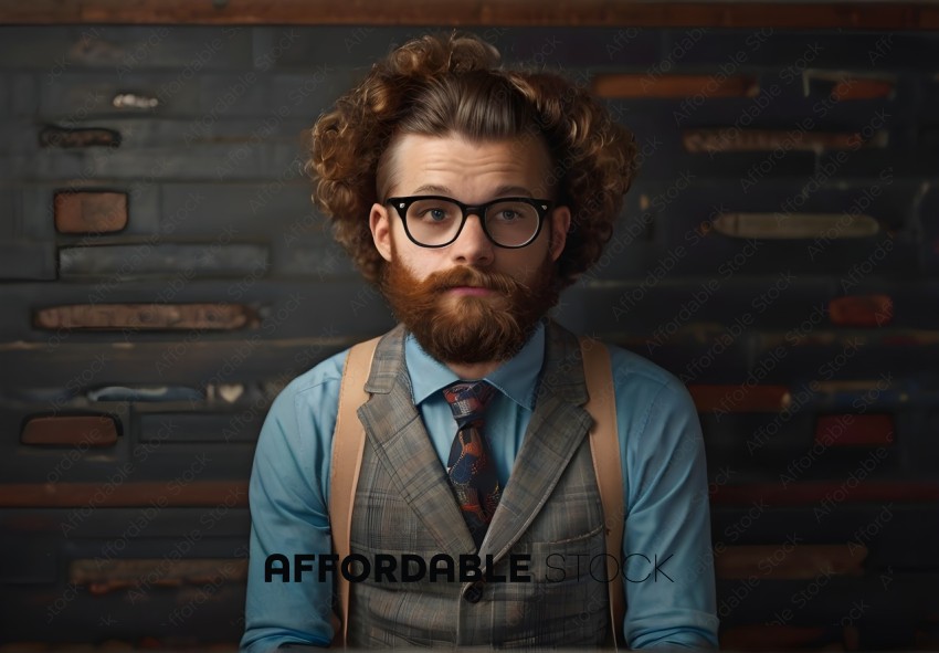 Man with curly hair, beard, and glasses wearing a vest and tie