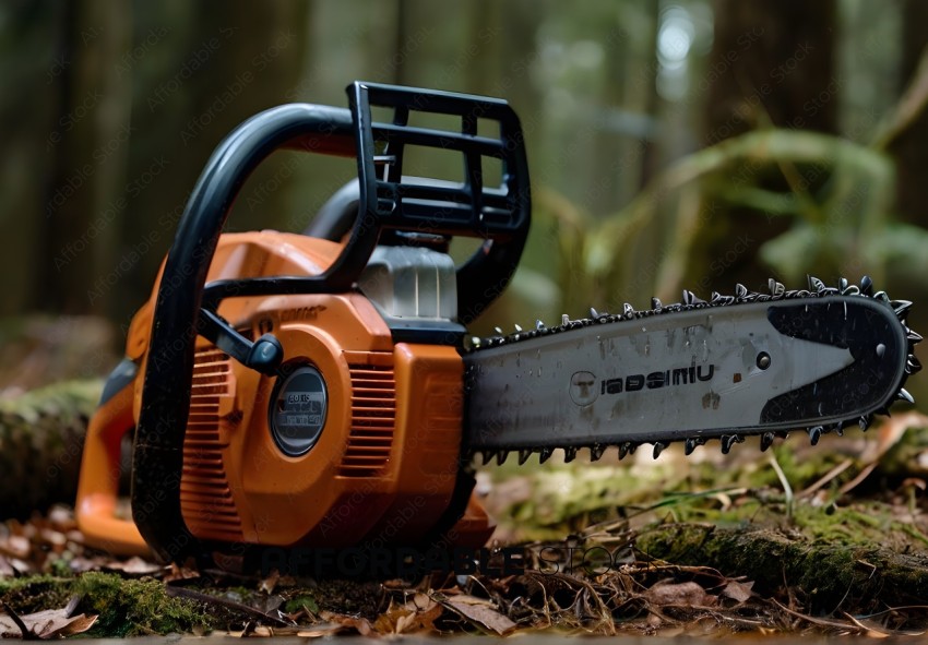 A chainsaw on the ground in the woods