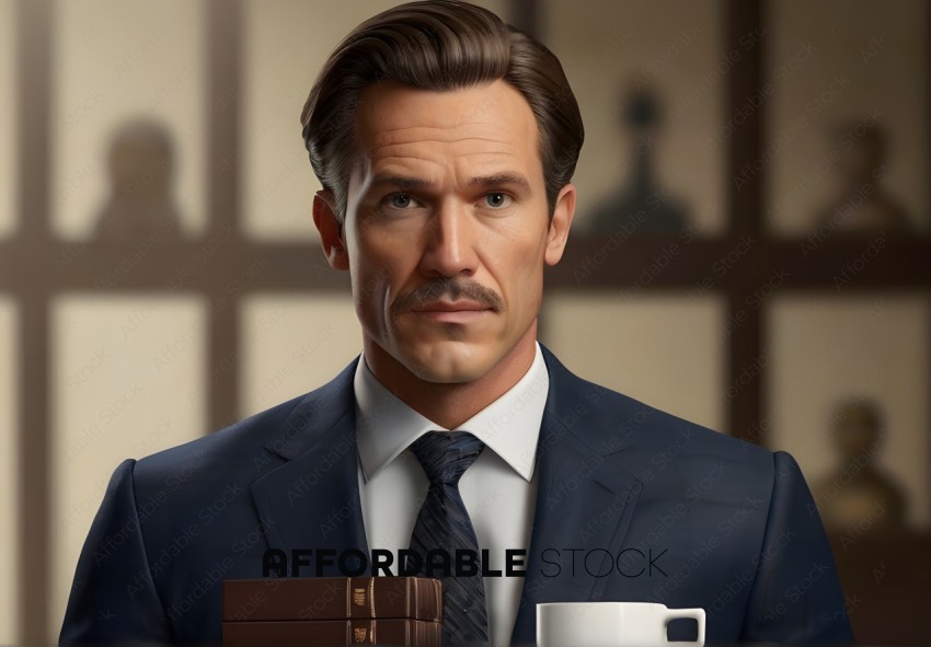 A man in a suit holding a book and a cup of coffee