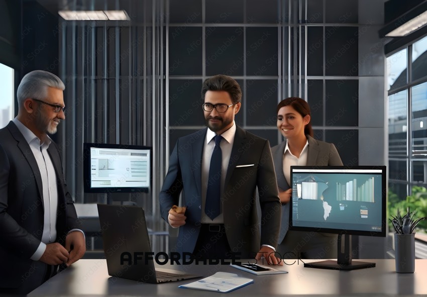 Three Business People in Suits Standing in an Office
